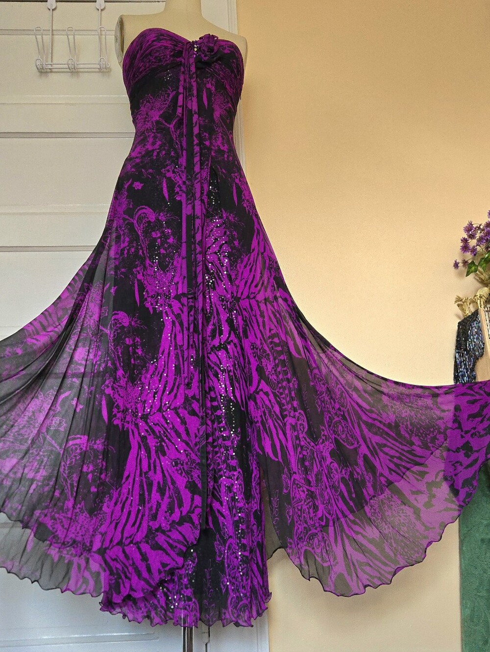 Diane Freis Silk Chiffon Maxi Gown, Beaded, Black & Purple | Y2K, Whimsigoth